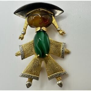 1950s vintage gold tone Asian girl woman green brown art glass figural brooch